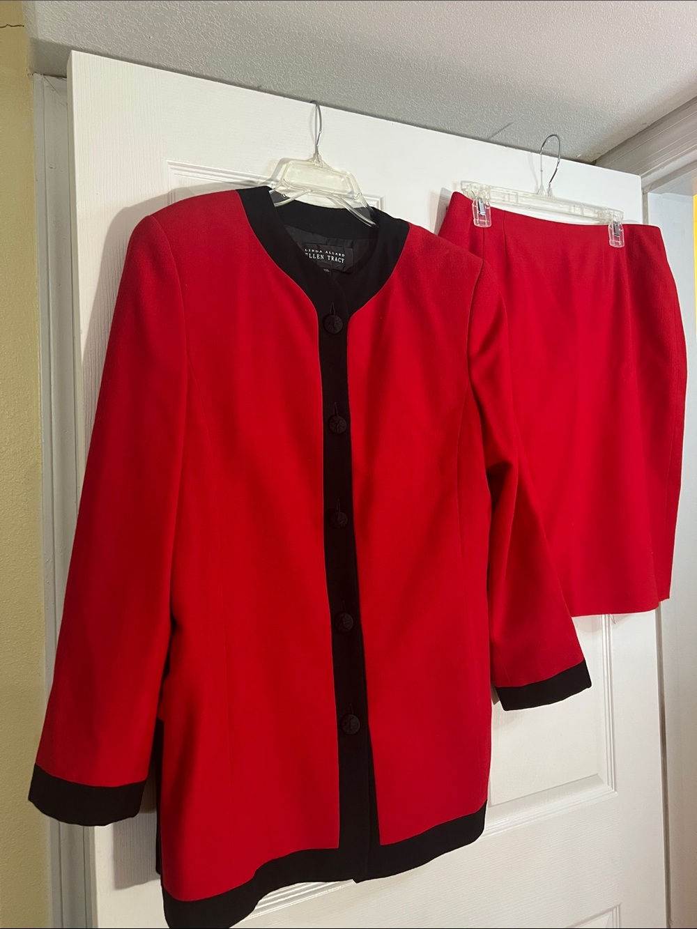 Ellen Tracy Red Skirt Suit with Black Trim